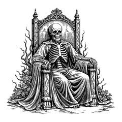 Fototapeta premium Skeleton Sitting on Throne with Thorny Vines Overgrowth Ornate Black and White Outline Line Art Drawing