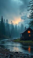 Obraz premium Cozy cabin by river, smoke rises from chimney, warm light spills out,, wood cabin
