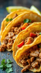 Crispy taco shells filled with spicy seasoned beef, tacos, spicy