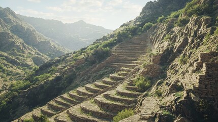 Ancient Terraces Carved Into Steep Mountainous Landscape