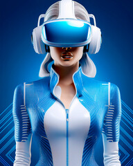 A digital rendering of a futuristic female figure in a white hard hat and a virtual reality