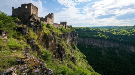 Fototapeta premium Battered Fortress Perched Over Cliff Amidst Lush Green Landscape