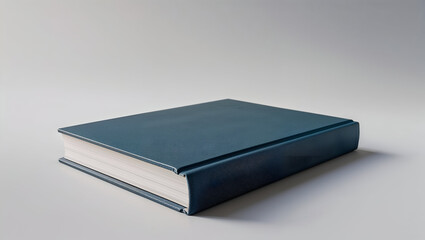 Book on gray table with teal cover and white pages flat lay photo