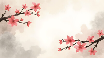 Fototapeta premium Elegant Pink Watercolor Cherry Blossom Branches - Spring Floral Asian Art Beige Background