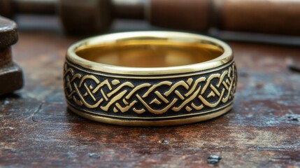 Close-up view of the detailed CNC machine engraving process on a gold ring