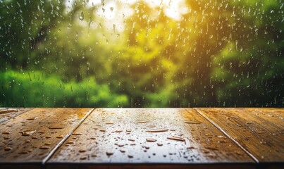 Rainy Day Background with Wooden Table and Green Trees Outside Window