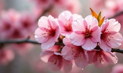 Vibrant pink sakura blooming in a crisp autumn breeze, dewdrops shimmering on petals.