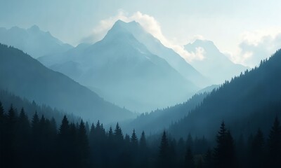 Dramatic mountain peaks covered in mist, dense evergreen forest, cinematic lighting, serene ambiance.