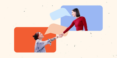 Modern artwork. Two women shaking hands while emerging from speech bubbles, symbolizing digital...