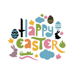 Happy Easter. Bunnies, eggs and flowers. Modern style design, pastel colors paper cut style, vector illustration