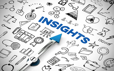 Kompass zeigt auf Schriftzug Insights zwischen Icons als Business Konzept