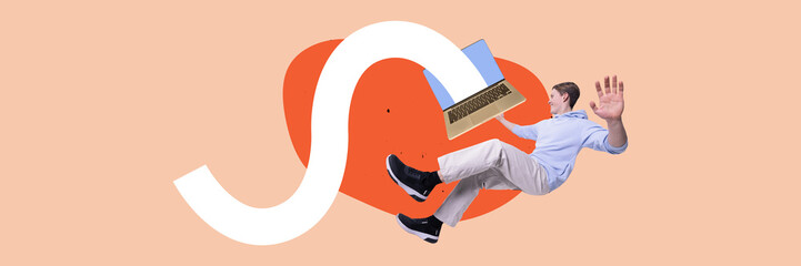 Contemporary art collage. Young man falling while laptop pulls him into digital wave, representing deep immersion in virtual space. Concept of digital overload, internet dependence, online experience.
