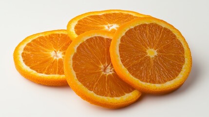 Fototapeta premium A line of five succulent orange slices on a white backdrop, showcasing vivid citrus details