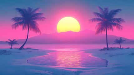 The tropical landscape comes alive with a vivid sunrise, casting palm trees and mountains in shadow