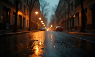 Fototapeta premium Moody urban street after rain, golden reflections on wet pavement, soft bokeh lights, cinematic cityscape.
