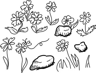 Hand-drawn wild flower vector doodles. Nine unique flowers, rocks, and a butterfly. Welcome springtime! 