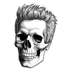 Skull with Hipster Hair Style Engraved Front View Vintage Detailed Black and White Outline Line Art Drawing