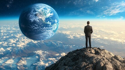 Fototapeta premium Standing on a mountain peak, a man watches as the earth ascends above the clouds in an otherworldly sky