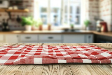 Empty Wooden Table with Checkered Cloth in Bright Kitchen Setting