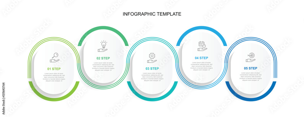 Aufkleber Design template infographic with 5 step, timeline with icons and line connected suitable for business information, schedule workflow and presentation 