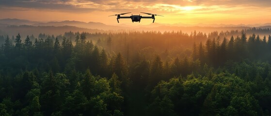 Fototapeta premium Drone Flying Over Lush Green Forest at Sunset with Scenic Landscape