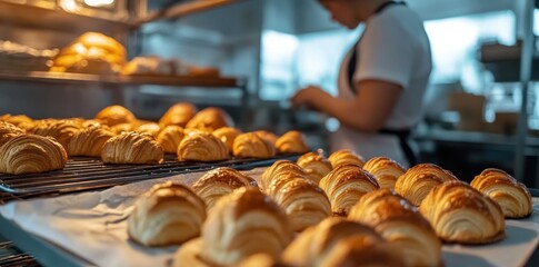Obraz premium Baker expertly crafting croissants and muffins in the oven, with dough rising to perfection.