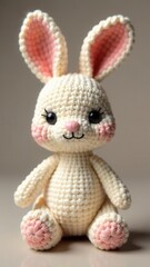 A soft handcrafted bunny with a smiling face and rosy cheeks sits against a light backdrop showcasing its charming details. Its fuzzy texture invites touch and playfulness.