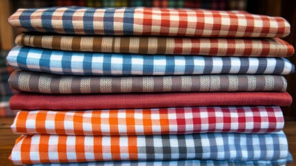 An up-close look at a colorful stack of checkered fabric, showcasing its rich textures and intricate patterns