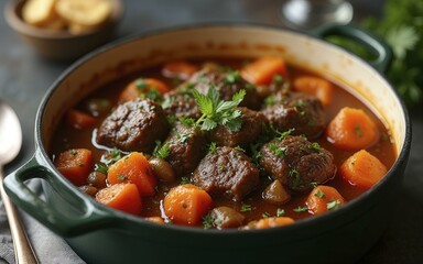 Hearty Meatball Stew with Carrots, Green Peas, and Red Broth
