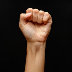 Obraz premium A hand with a clenched fist is raised high against a dark background symbolizing unity and strength. The gesture represents resistance and empowerment among individuals.