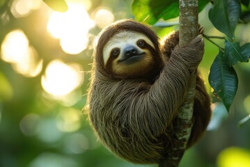 Smiling sloth hanging on a tree branch