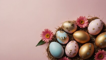 A nest with pastel and gold-decorated Easter eggs, surrounded by pink flowers on a soft pink background. A festive and elegant spring composition