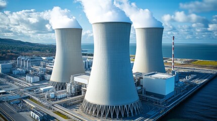 An industrial plant with blue buildings along the coast, set against the backdrop of the sea and surrounding landscape