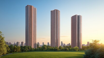 Obraz premium New high-rise homes in a green, urban park environment