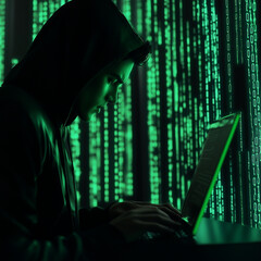 A high-tech visualization of hacking and cybersecurity threats, depicting digital crime, data breaches, and cyber warfare. Perfect for illustrating cybercrime investigations, ethical hacking, online f
