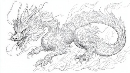 A mesmerizing sketch of a dragon with sinuous lines forming its majestic body, revealing captivating wing and tail intricacies that evoke mystery and grandeur in every curve and detail