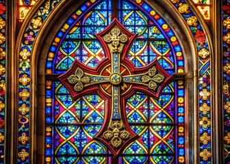 Templar Cross Stained Glass Window -  Medieval Religious Symbol, Gothic Architecture Detail