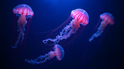 Vibrant Pink Jellyfish Underwater Photography Deep Blue Ocean Marine Life Flowing Tentacles
