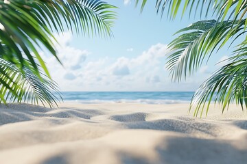 Tropical Beach Scene with Palm Fronds Framing Ocean View
