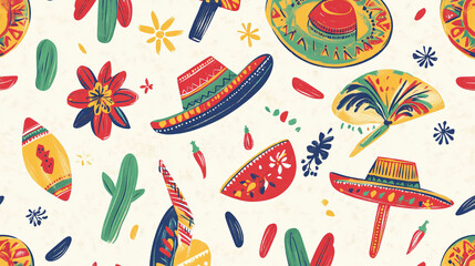 Colorful Mexican Pattern with Papel Picado and Sombreros