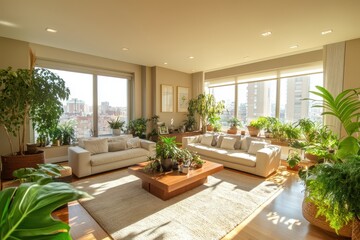 Fototapeta premium Sunlit Sanctuary: A Lush Plant-Filled Living Room for Relaxation and Serenity
