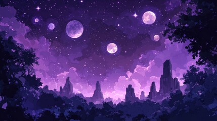 Fototapeta premium An otherworldly lunar scene with rugged mountains and a night sky teeming with moons and planets