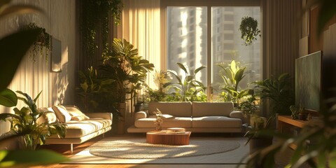 Sun-Drenched Living Room Filled with Sleek Plants, Creating a Bright and Inviting Atmosphere