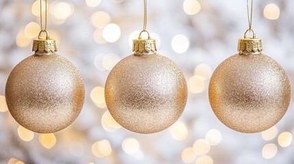 Fototapeta premium Three Christmas ornaments, glowing with festive lights, arranged in a decorative manner