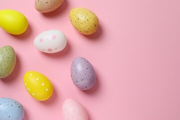 Happy Easter. Colorful eggs on color background, space for text or advertising