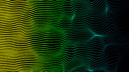 Fototapeta premium Abstract digital cyber wave made of green particles and dots moves with big data visualization. Futuristic soft flow background