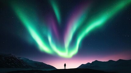 Aurora borealis northern lights concept. A stunning view of the northern lights illuminating the night sky over a serene landscape.