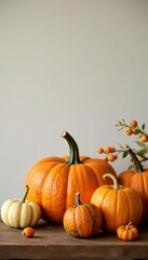 Pumpkin and gourd arrangement on a wooden table, pumpkins, fall decor