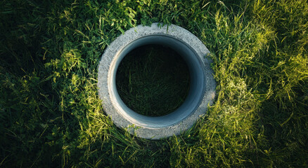 Concrete pipe lying unused in a grassy area, surrounded by wild greenery and illuminated by soft natural light, evoking a serene atmosphere