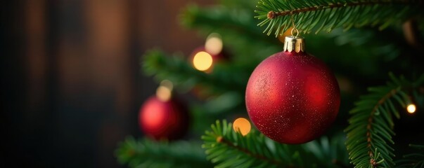 Shimmering red Christmas ornament hanging from a fragrant fir branch, Christmas tree lights, red balls